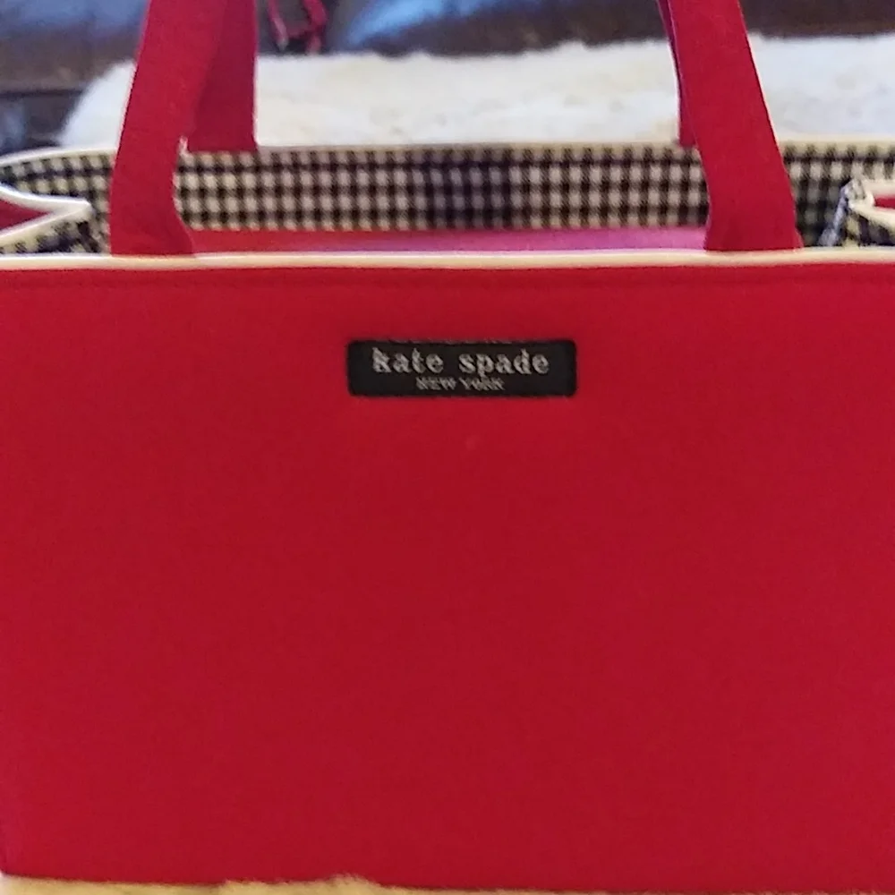 kate spade Red Mini Tote with Black & White Checked Lining